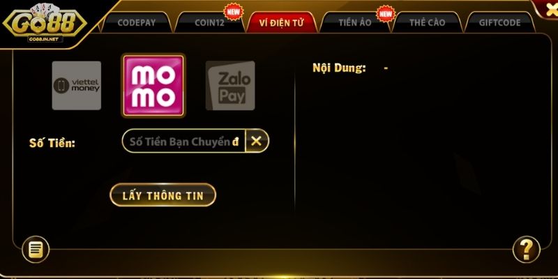 Nạp tiền GO88 Hướng dẫn thao tác từ A đến Z cho Newbie 2 Nạp tiền GO88 bằng ví điện tử